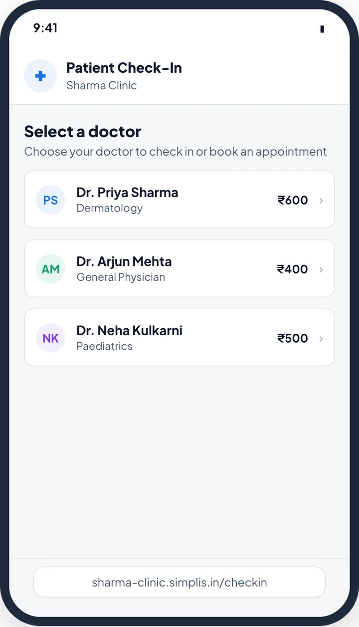 Patient check-in page on a phone, listing the clinic’s doctors and fees