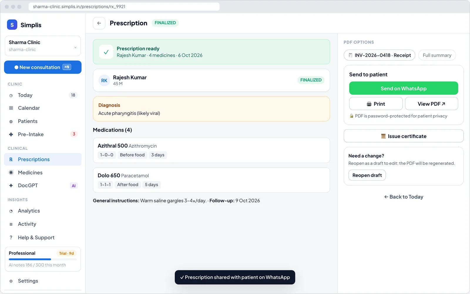 Finalized prescription with a Send on WhatsApp button, print and PDF options