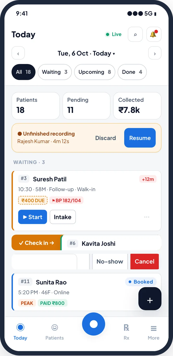 Simplis Today queue on a phone with waiting and booked patients