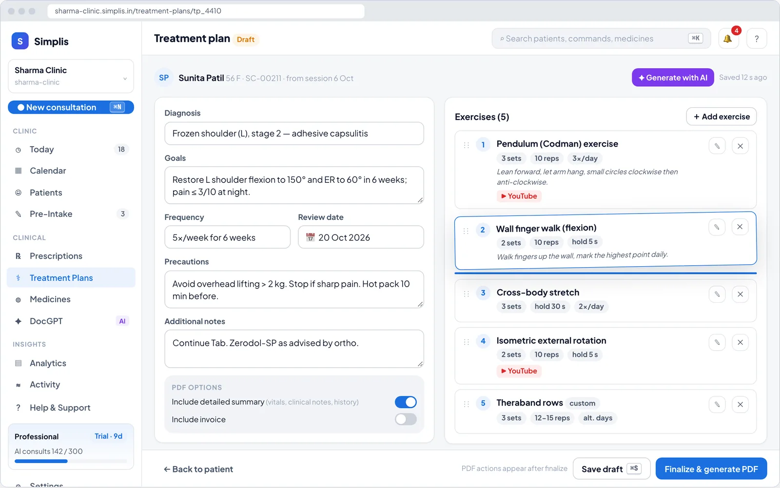 Physiotherapy treatment plan with diagnosis, goals, frequency and an exercise list with sets and reps